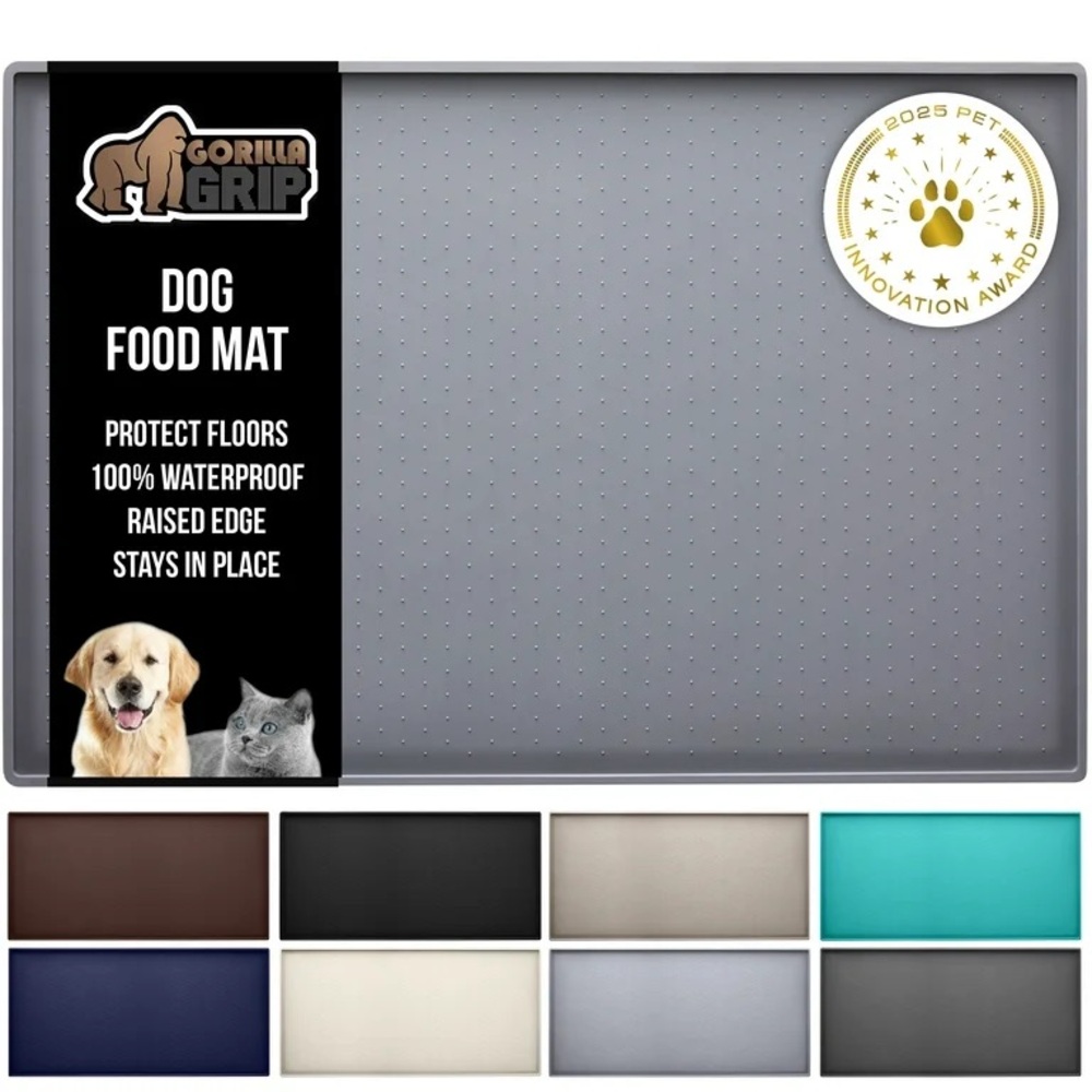 GORILLA GRIP Gray 18x12” Waterproof Silicone Dog & Cat Feeding Bowl Tray NWT